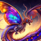 Colorful Dragon with Butterfly Wings in Twilight Sky