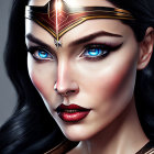 Portrait of woman with blue eyes, dark hair, and Wonder Woman-themed makeup.