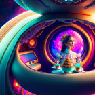 Vibrant cosmic-themed image of woman in royal attire within ornate spherical structure