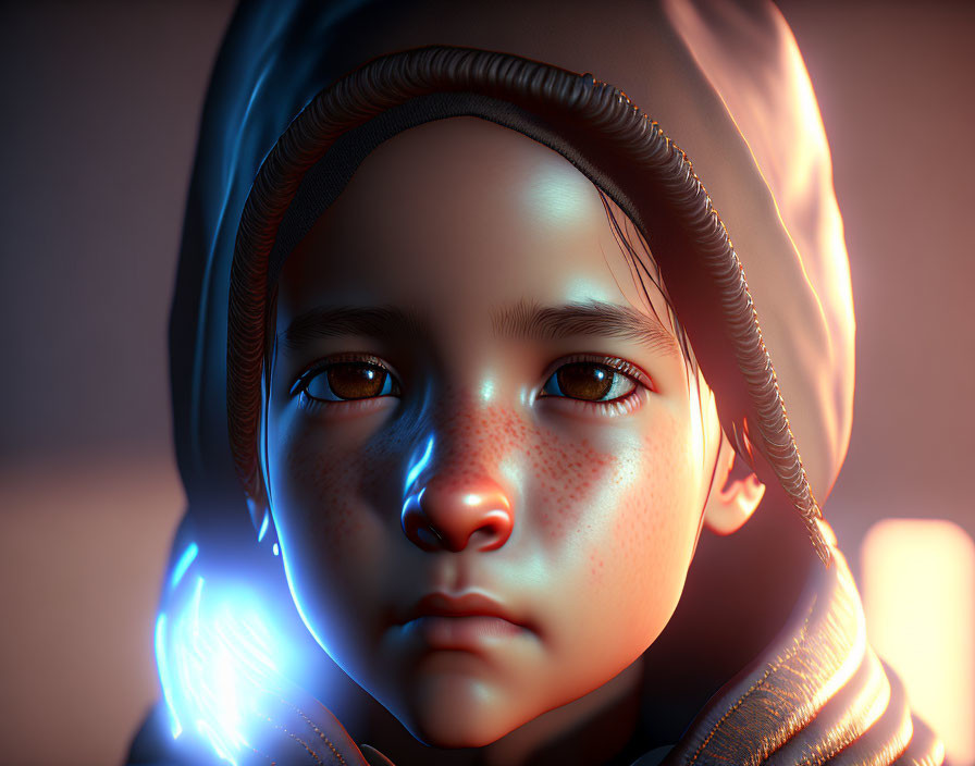 Detailed digital artwork: Child with glowing blue neckpiece and hood, intense eyes