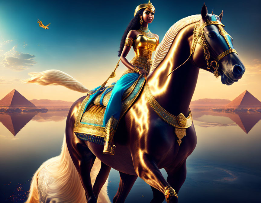 Warrior woman on golden horse near Egyptian pyramid at sunset