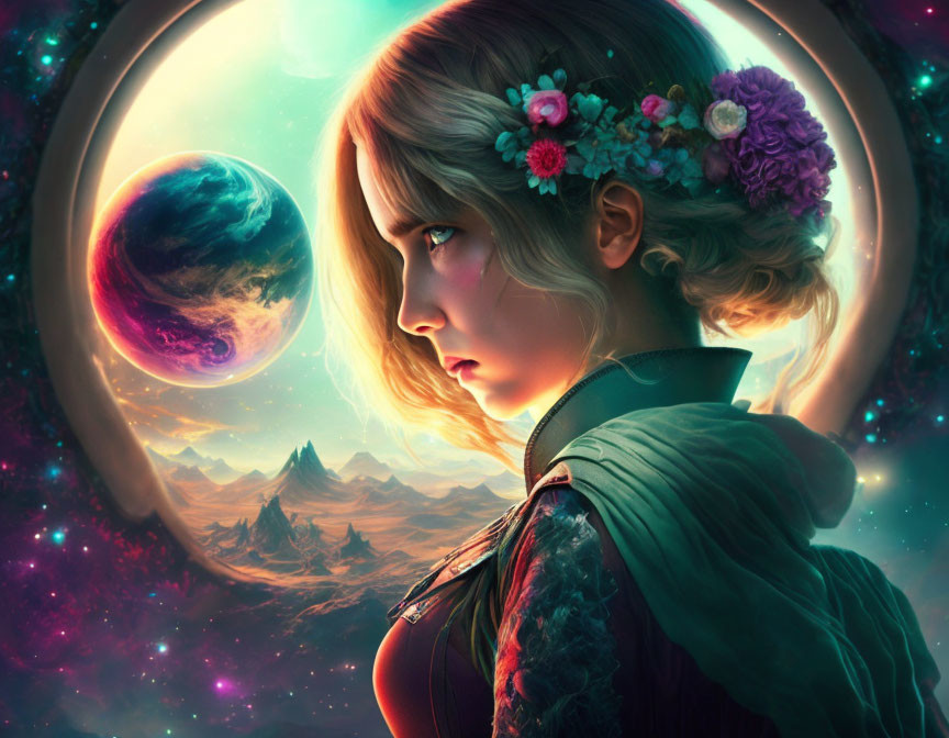 Fantastical portrait of woman with flower crown in cosmic landscape