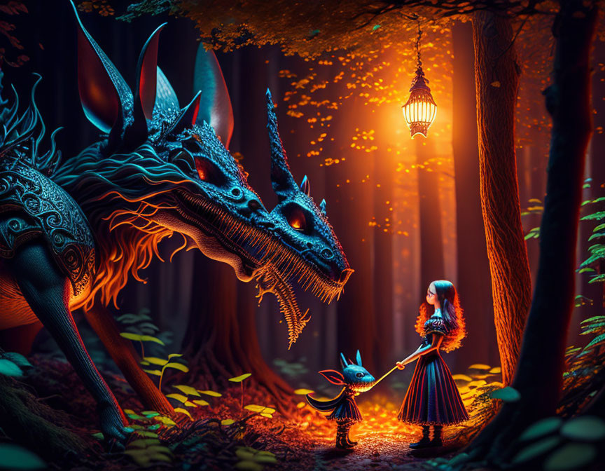 Girl in twilight forest with small creature and blue dragon by her side