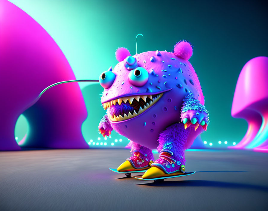 Colorful 3D animated monster in sunglasses skateboarding