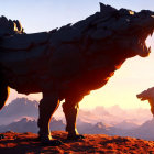 Oversized black fur wolf-like creatures in dominant posture at sunset