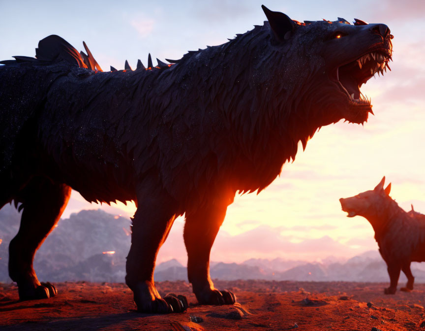 Oversized black fur wolf-like creatures in dominant posture at sunset