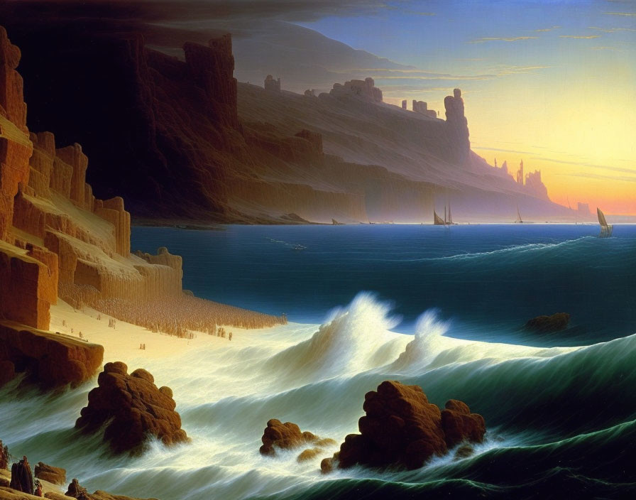 Dramatic coastal sunset painting with cliffs, choppy seas, and silhouetted figures