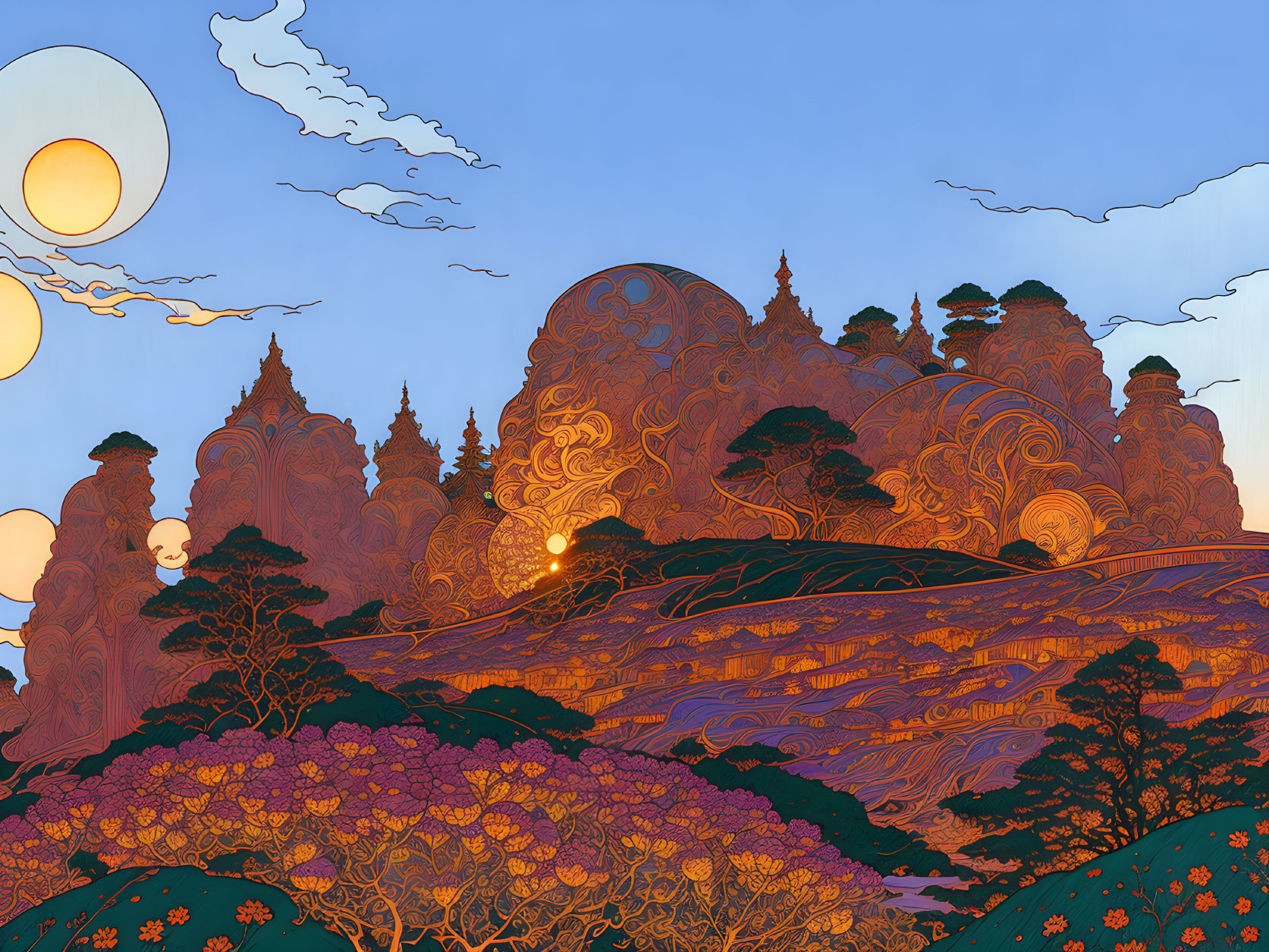 Stylized landscape with golden clouds, rolling hills, purple flora, and dual suns