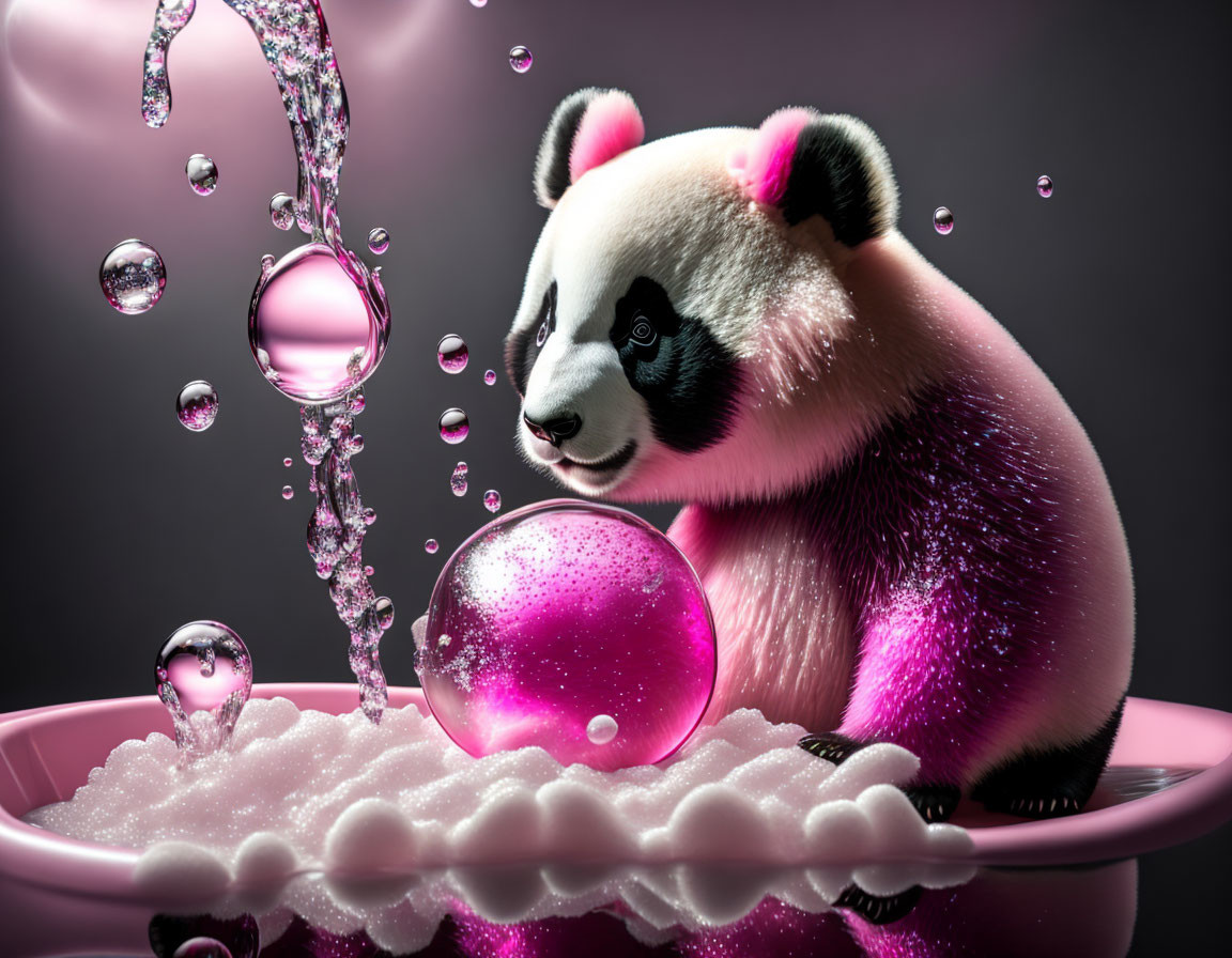 Panda Bear in Pink Tub with Bubbles and Reflective Balls