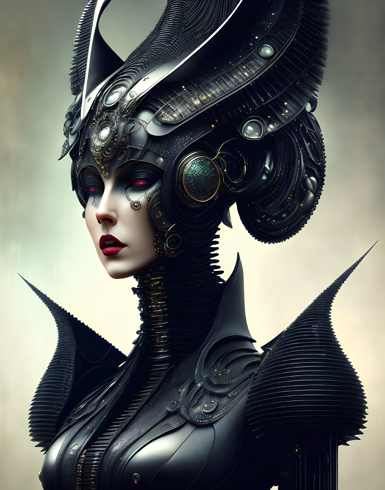 Futuristic digital artwork of female figure in ornate black armor