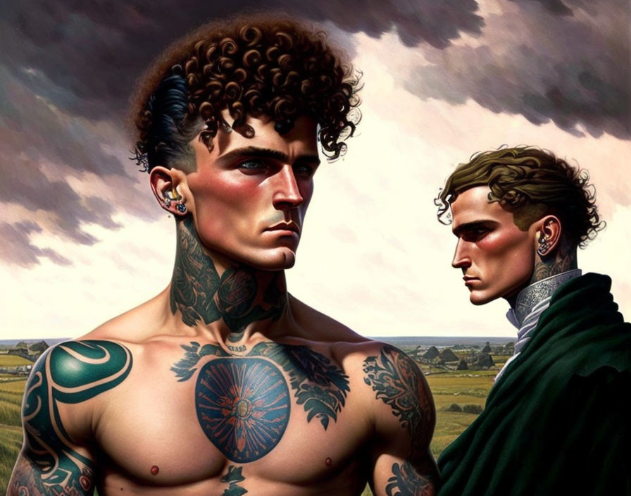 Detailed Animated Male Characters with Elaborate Tattoos in Pastoral Landscape