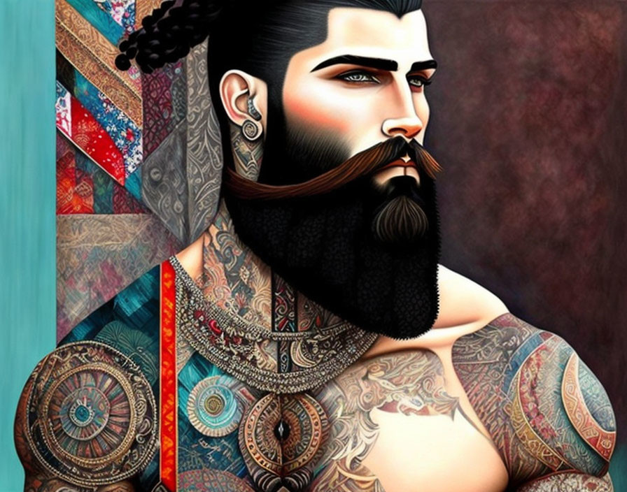 Colorful portrait of a bearded man with intricate body tattoos