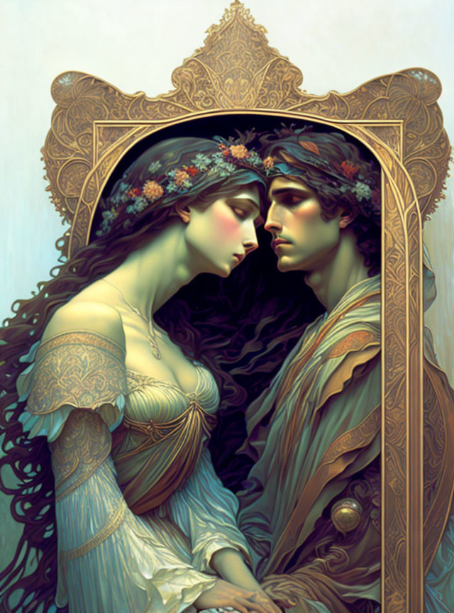 Art Nouveau-inspired man and woman illustration with ornate elements