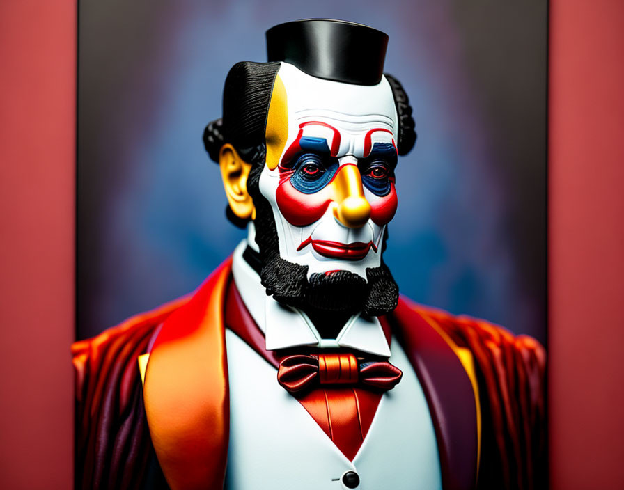 Colorful Clown Costume Figurine of Abraham Lincoln on Red Background