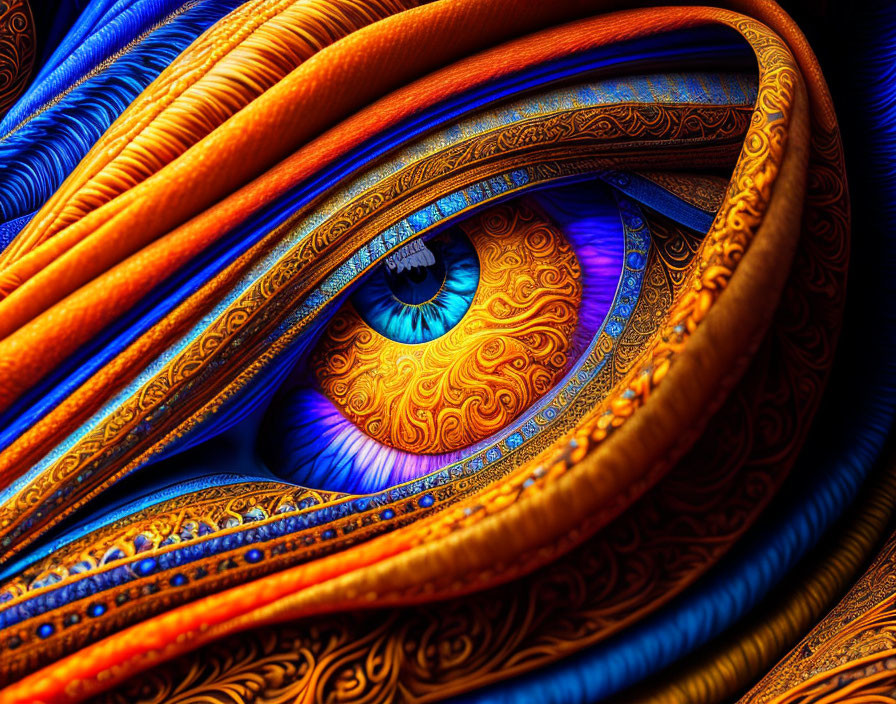 Detailed Human Eye Surrounded by Blue and Orange Fractal Patterns