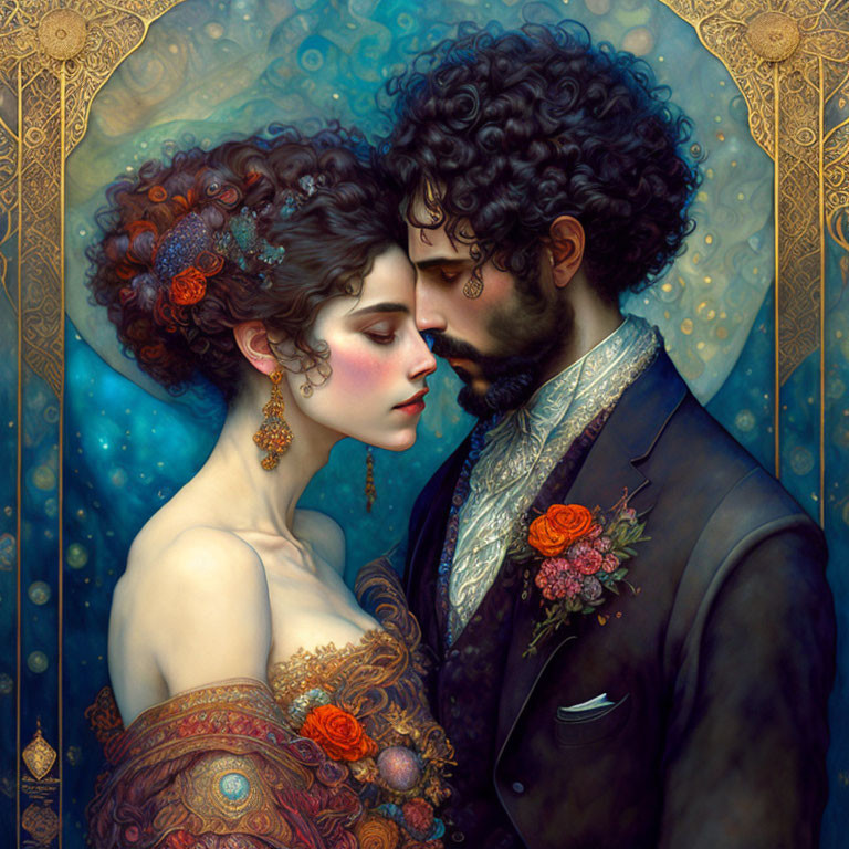 Romantic couple embracing with ornate patterns and rich colors