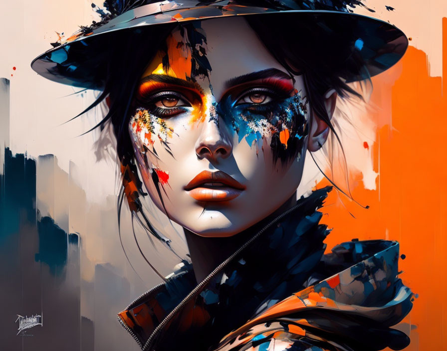 Digital artwork featuring woman with blue eyes, orange and black face paint, hat, and high-collar jacket