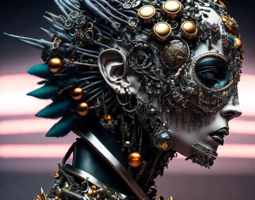 Detailed Futuristic Robot Head with Metallic Adornments on Striped Background