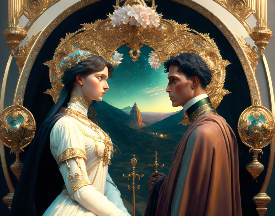 Digital art: Man and woman in historical clothing with fantastical landscape and ornate arch.