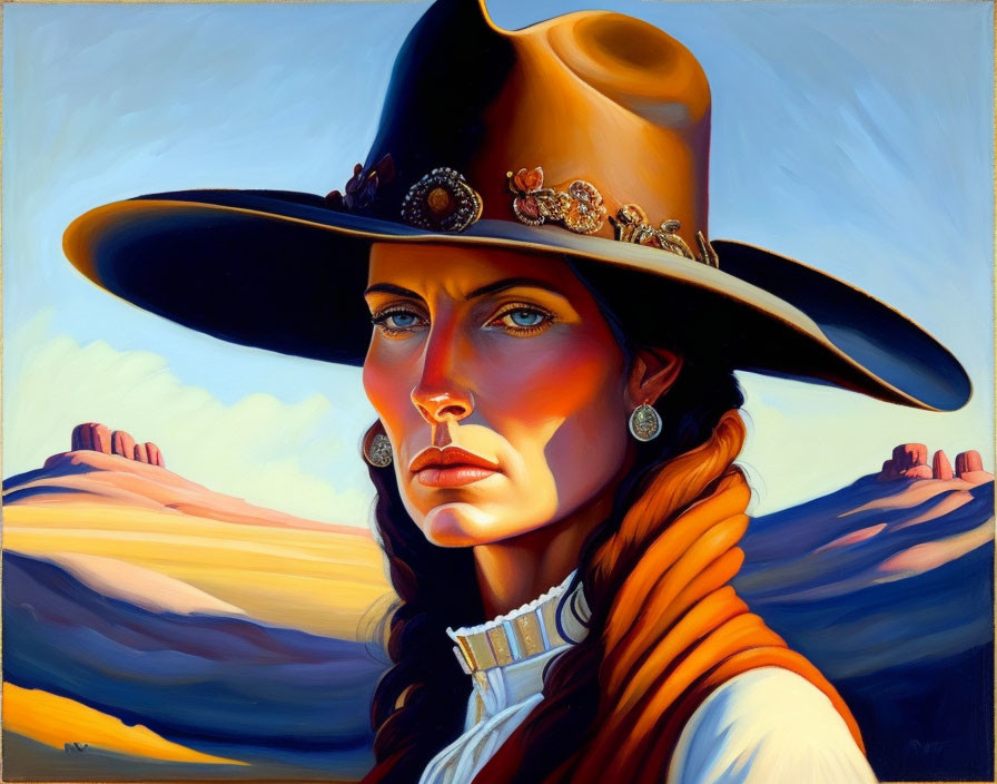 Portrait of stern woman with braided hair in wide-brimmed hat against desert mesas.