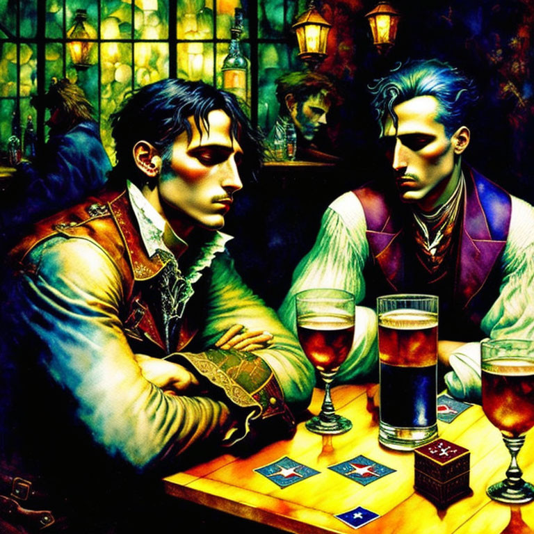 Men sitting at bar table with playing cards and drinks under warm lighting