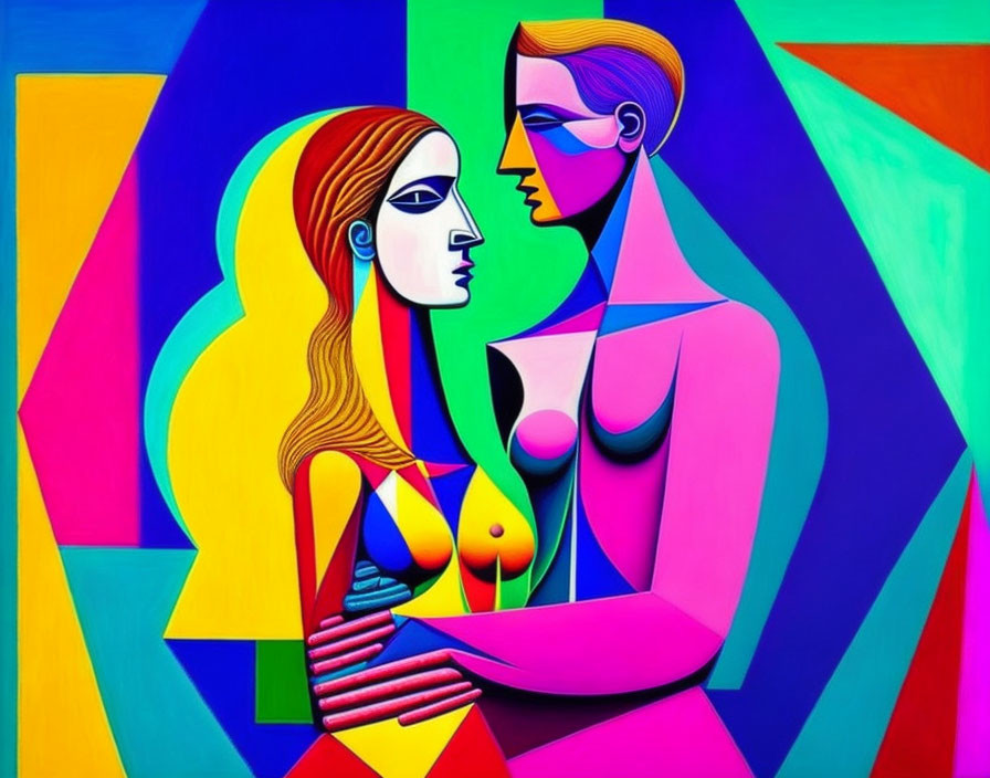 Vibrant abstract painting of man and woman with geometric shapes