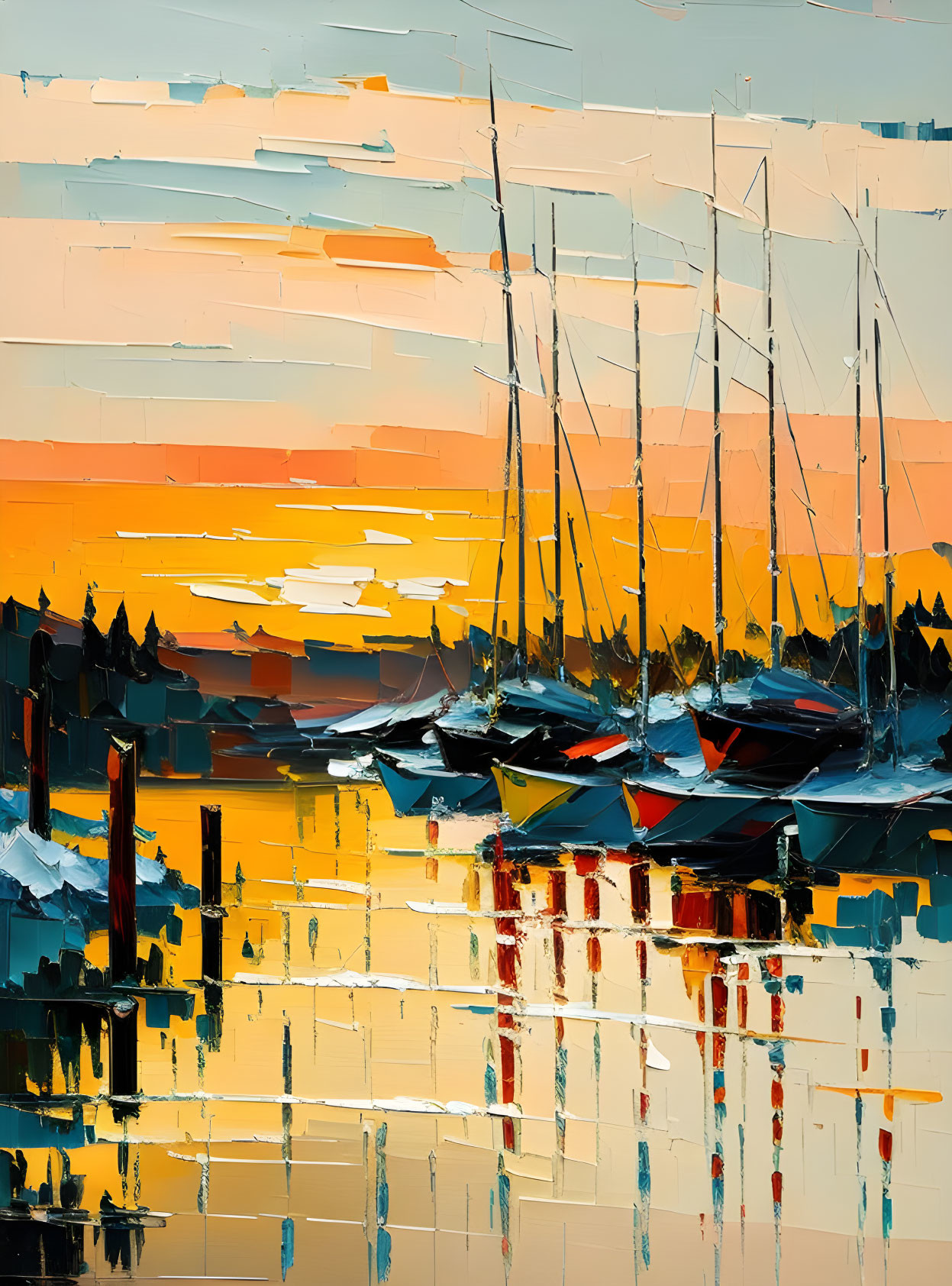 Vibrant abstract harbor painting with sailboats at sunset