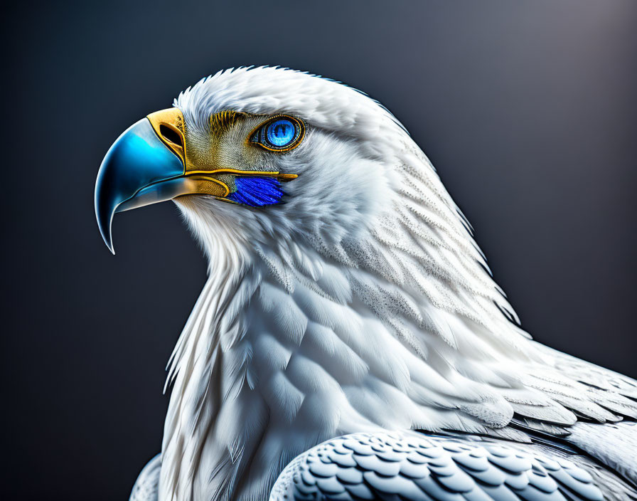 Detailed bald eagle close-up with yellow beak and blue eyes