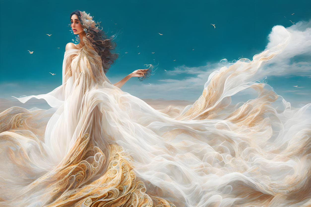 Ethereal woman in white-gold dress against blue sky with birds