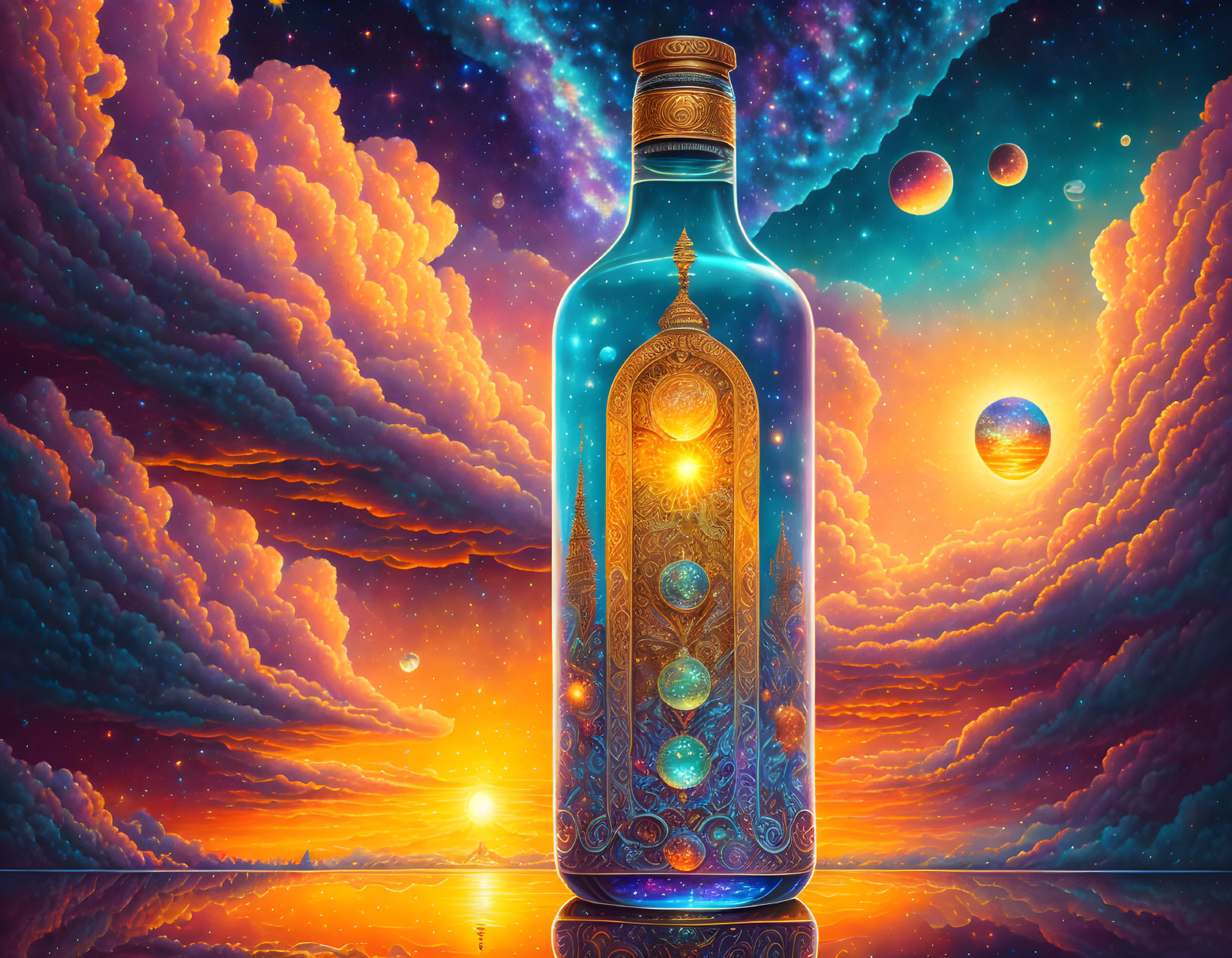 Colorful surreal landscape with ornate blue bottle, clouds, starry sky, and floating planets