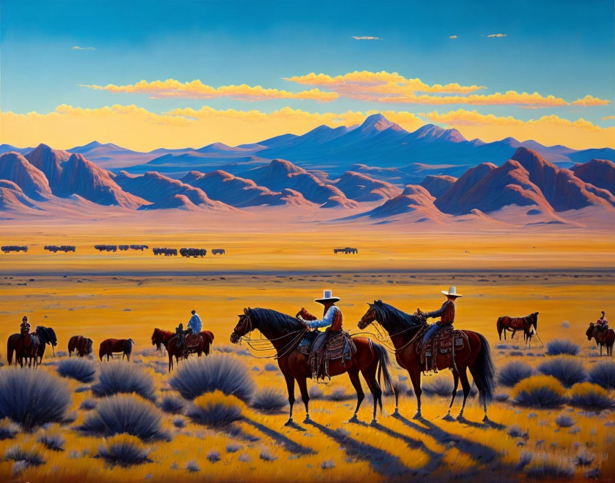 Cowboys on horses in vast desert with mountains under cloudy sunset sky