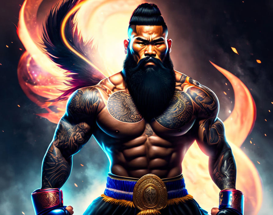 Muscular, bearded character with tribal tattoos and flaming wings.