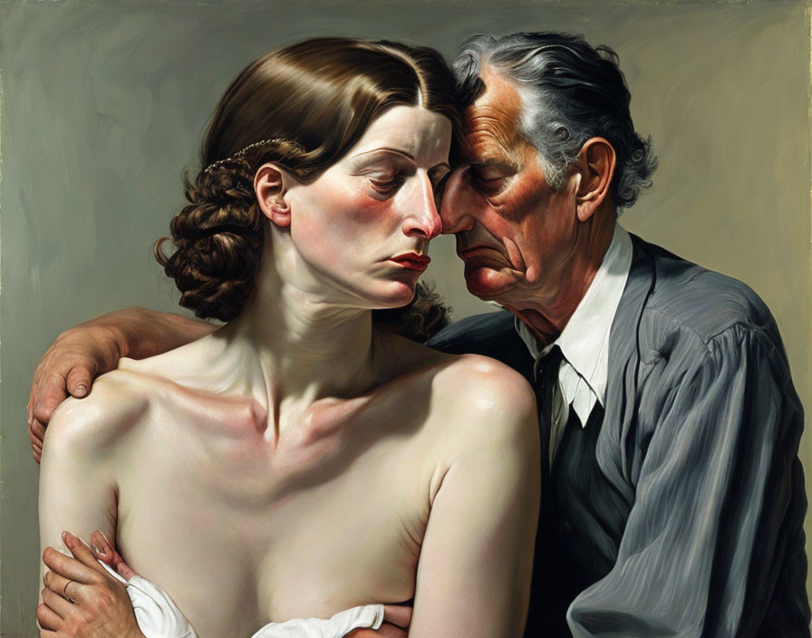 Emotional moment captured in oil painting: young woman and older man in close embrace