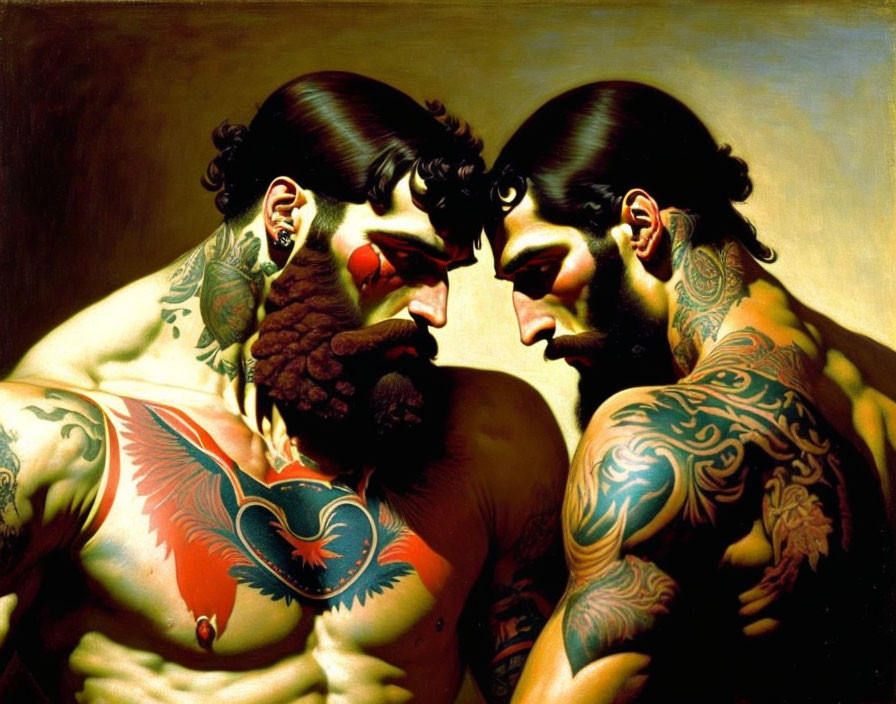 Muscular, Tattooed Men with Dark Beards in Confrontation