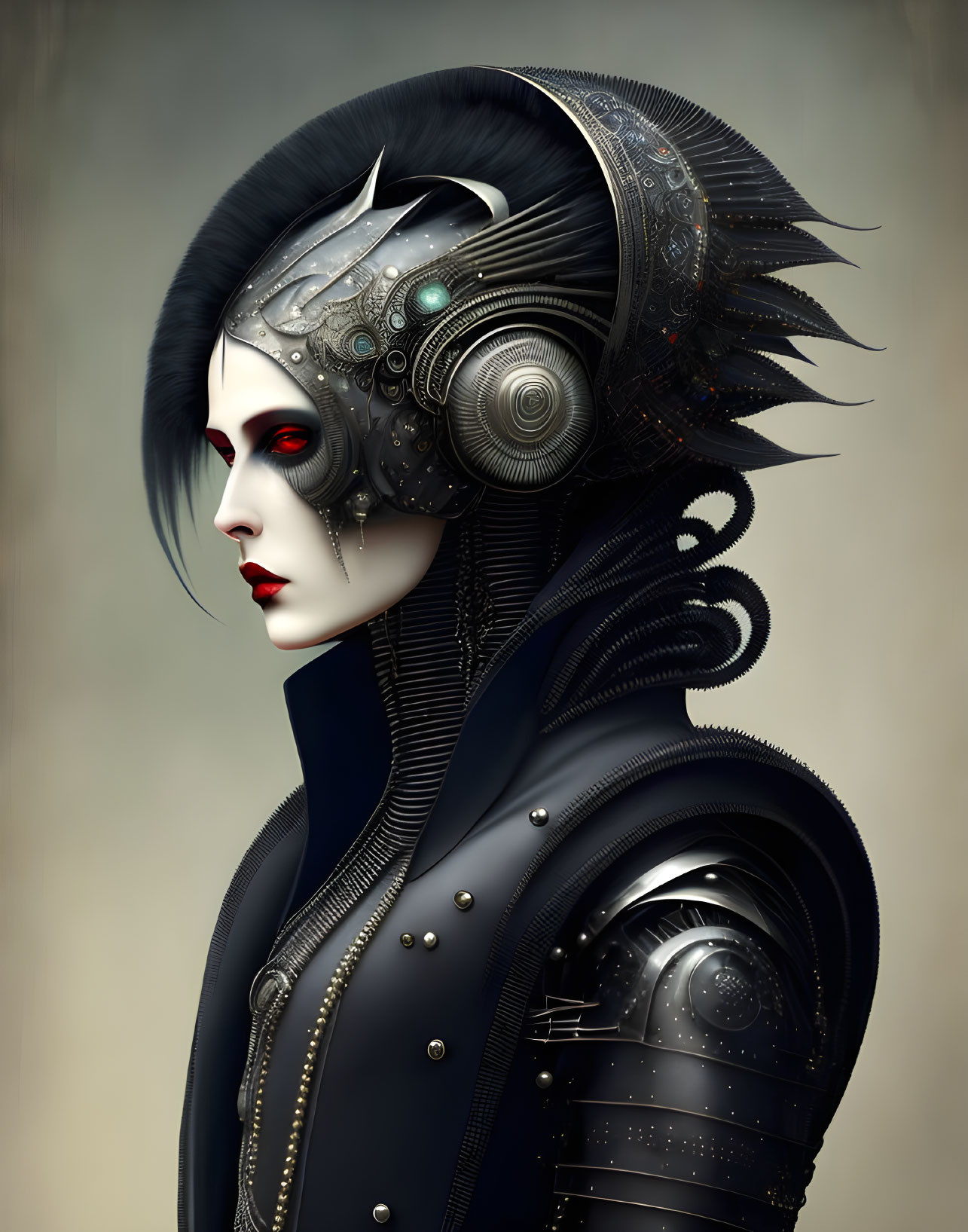 Futuristic helmet with intricate mechanical details on a pale, ethereal face