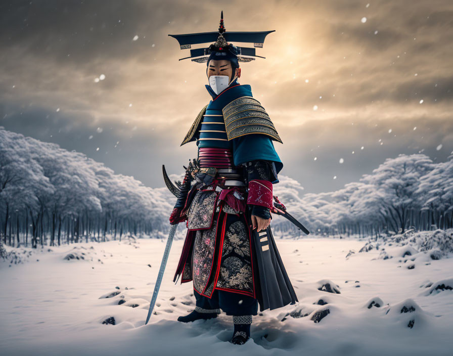 Samurai in traditional armor in snowy landscape at dusk