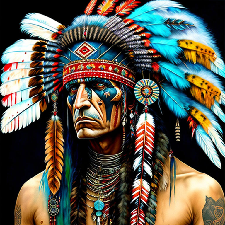 Colorful portrait featuring person in Native American headdress with intricate feather patterns and traditional jewelry.