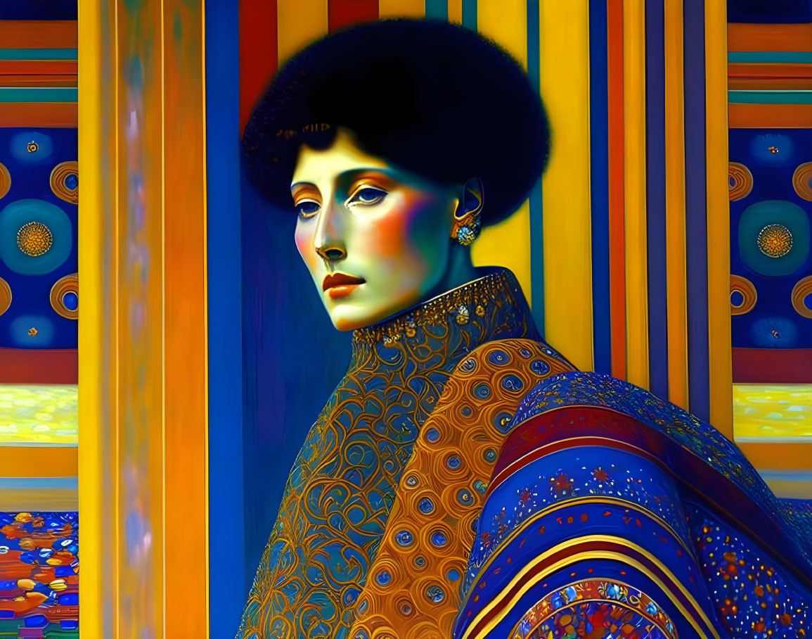 Colorful digital portrait of a woman in ornate clothing against vibrant backdrop