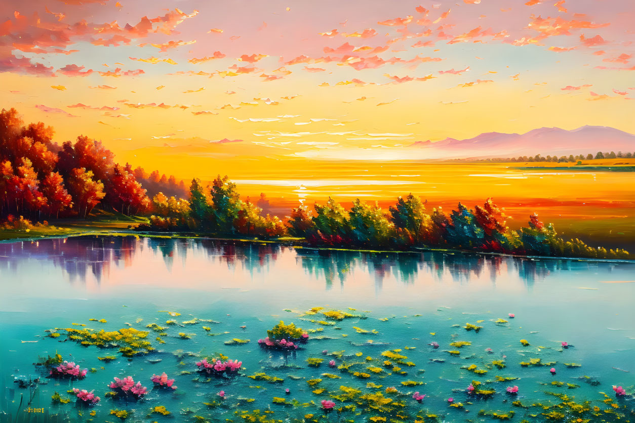 Serene lake with water lilies, autumn trees, and sunset sky