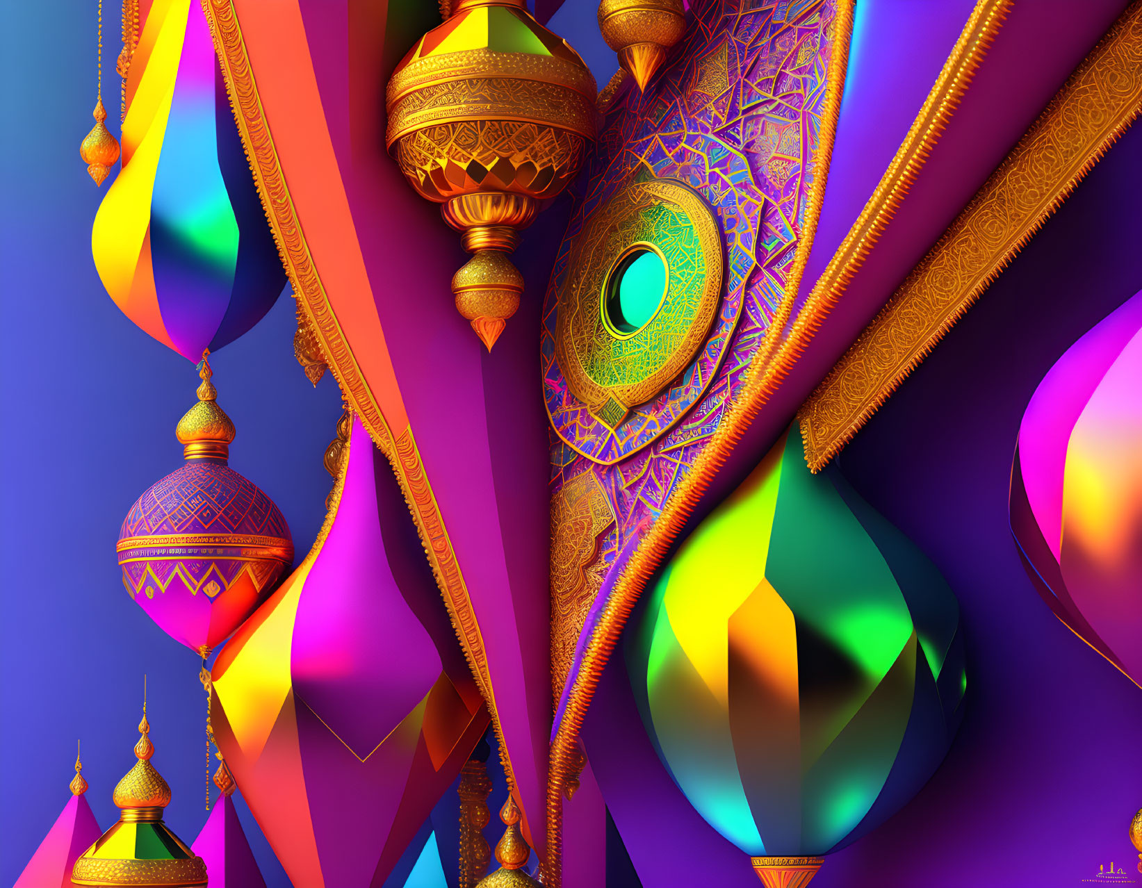 Colorful geometric shapes and peacock patterns in digital art.