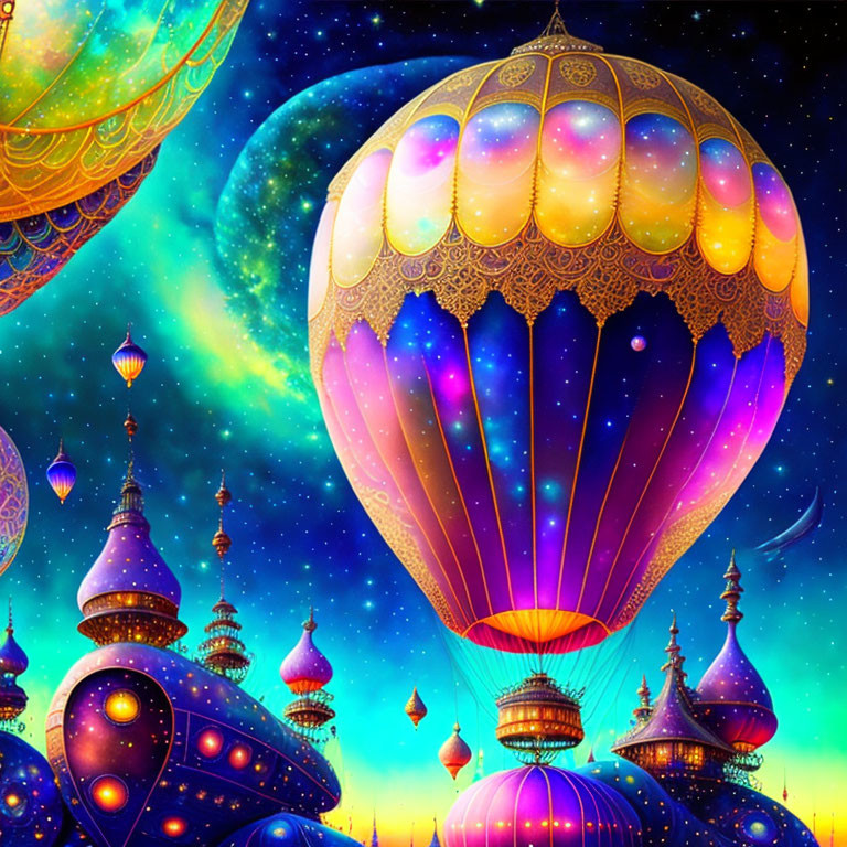 Colorful hot air balloons and Eastern-style architecture in fantastical scene