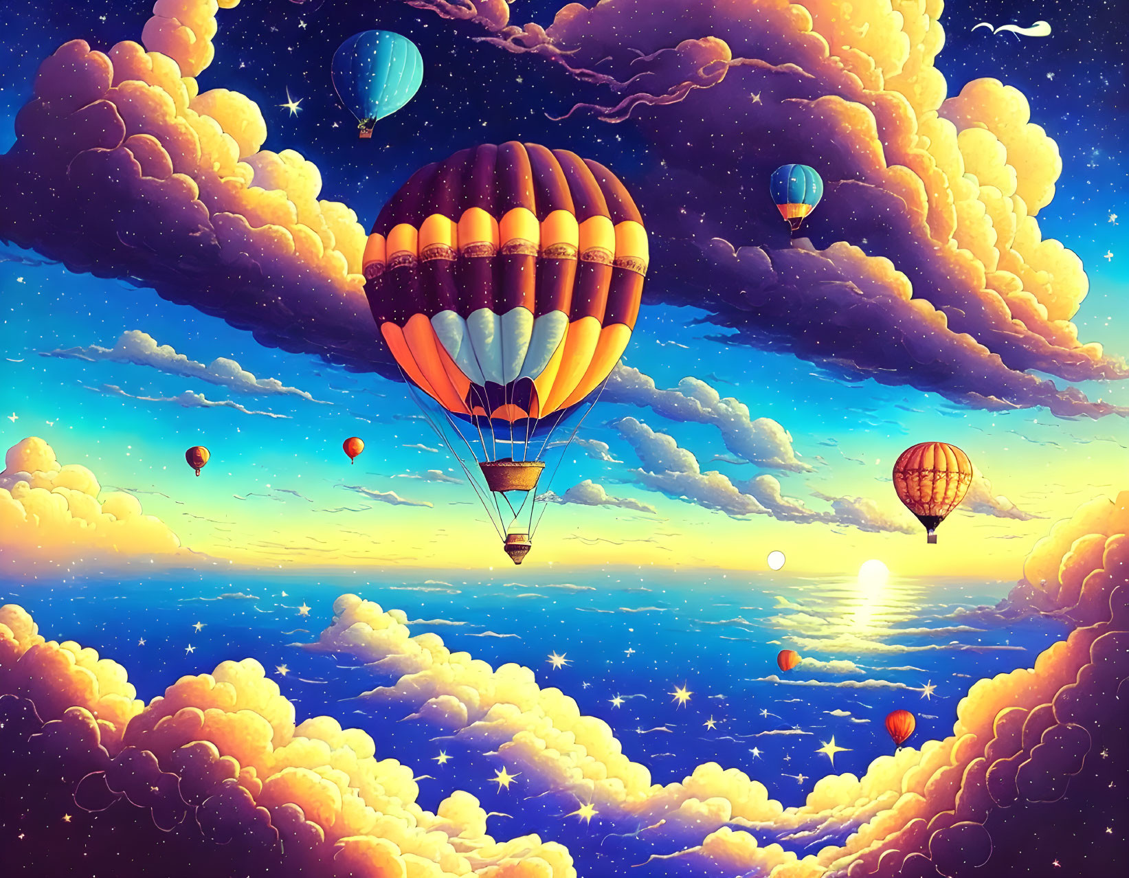 Colorful hot air balloons float among clouds at sunrise or sunset with sparkling stars.