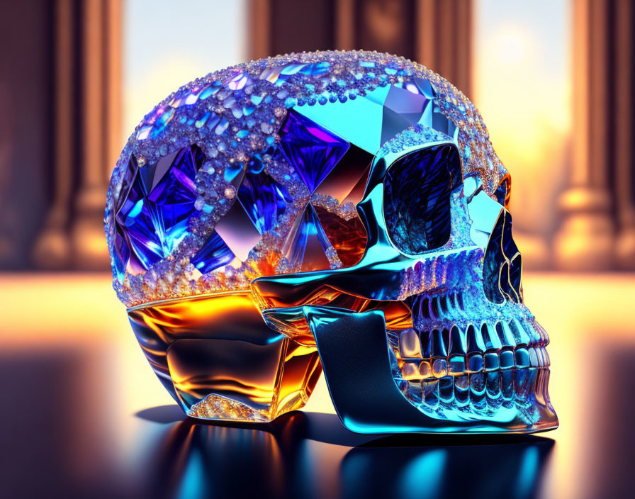 Crystal Skull with Sapphires and Diamonds on Classic Columns Background