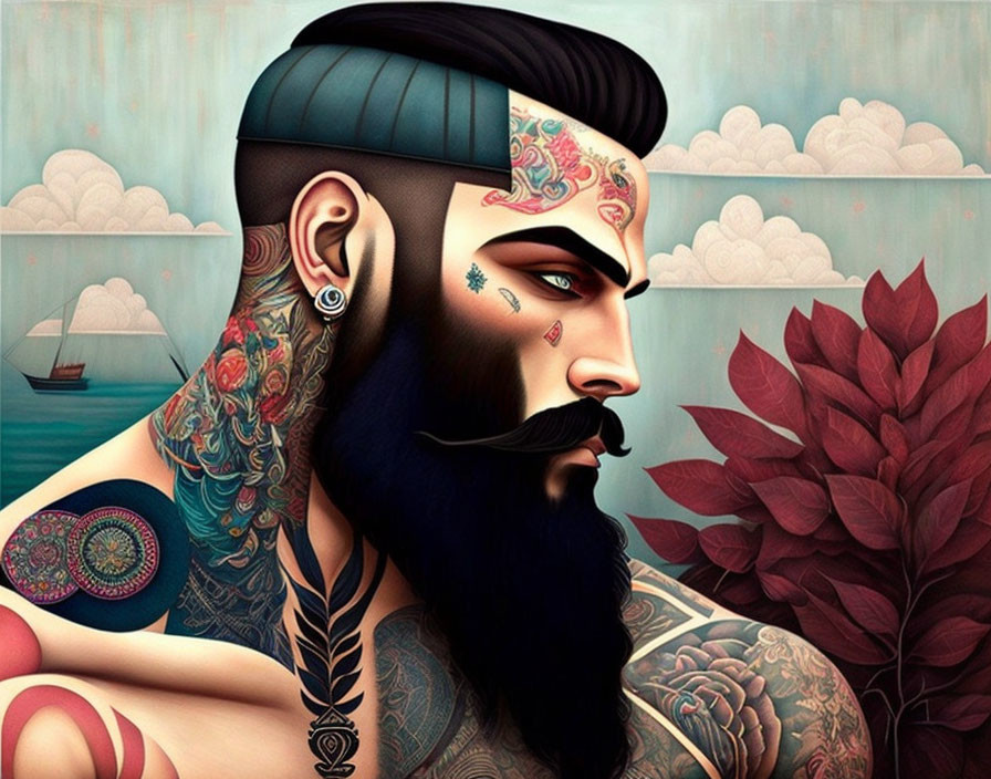 Stylized illustration of bearded man with tattoos against boat and red foliage