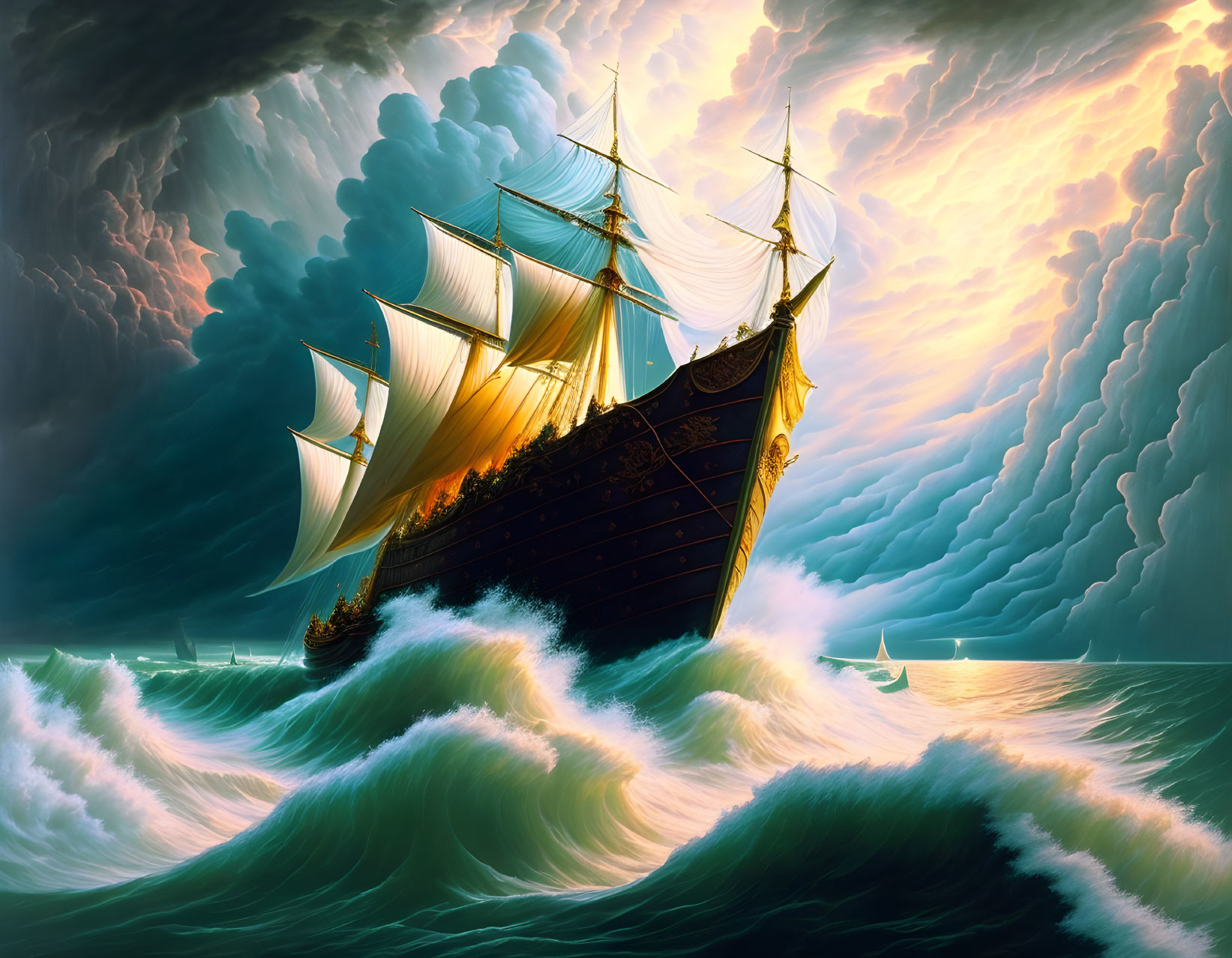 Majestic sailing ship on tumultuous sea under stormy sky