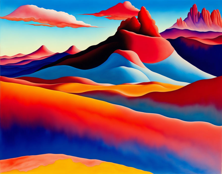 Colorful surreal landscape painting with rolling hills and crimson clouds