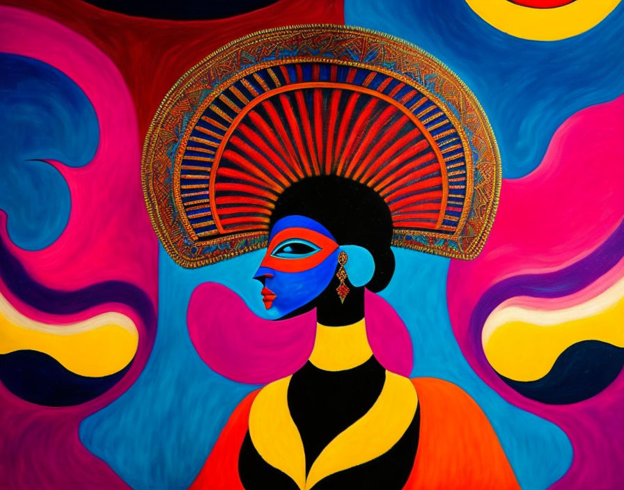 Colorful painting of stylized woman with headdress on swirling background.