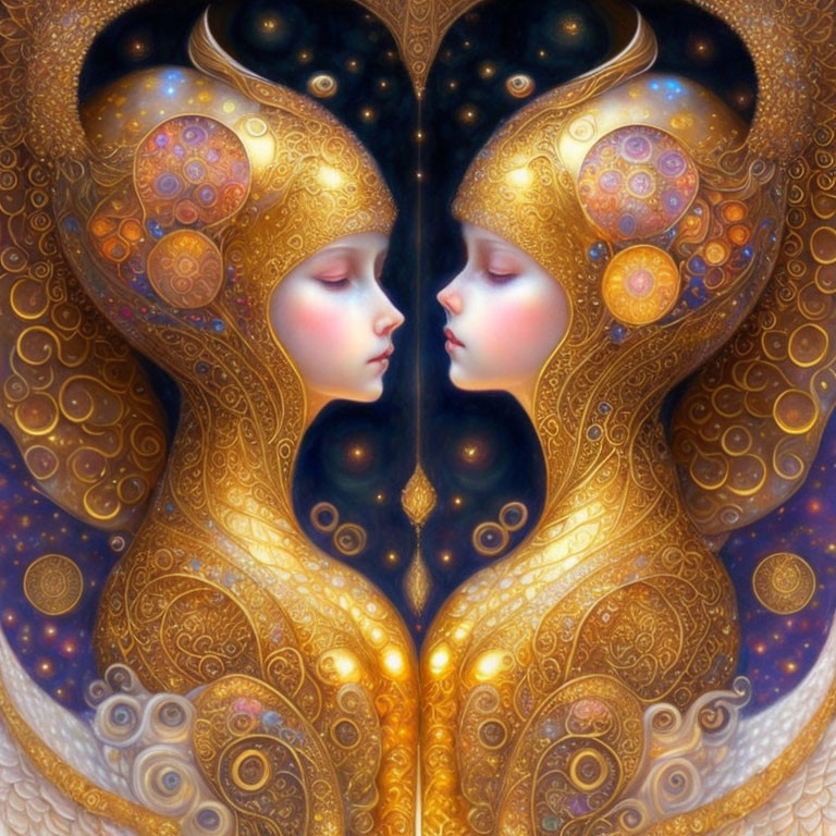 Symmetrical Artwork: Two Figures with Golden Headpieces in Cosmic Setting