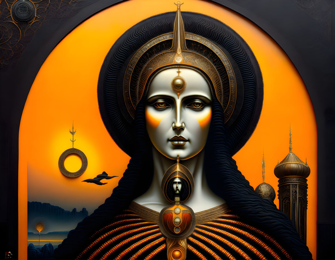 Stylized regal female figure with ornate headdress and jewelry on orange backdrop.