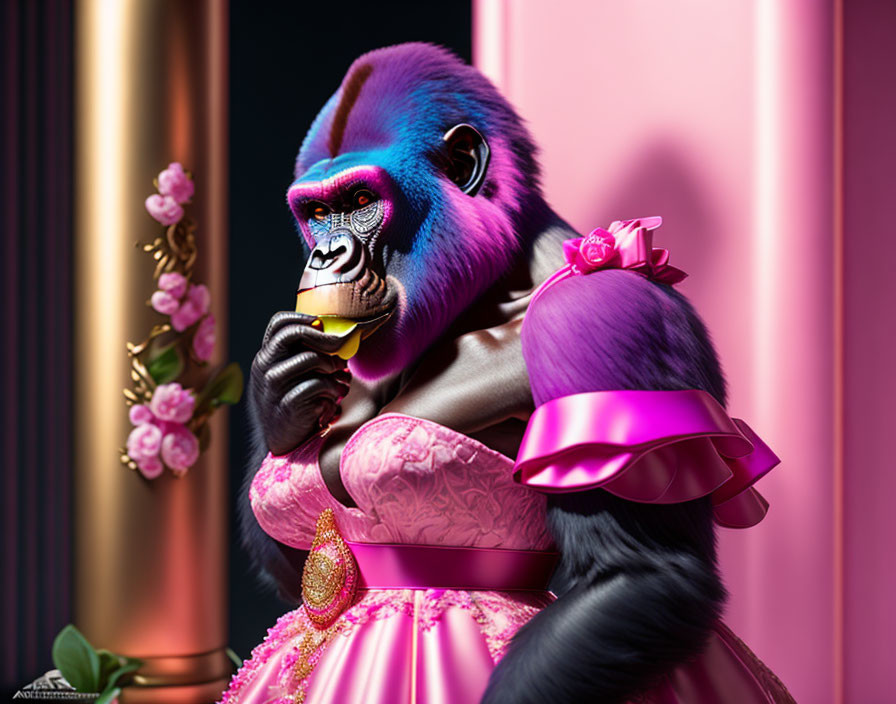 Vibrant mandrill in pink dress sips by floral pillar